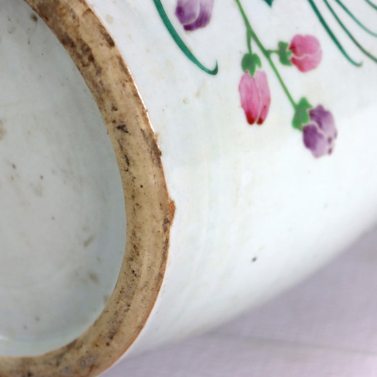 Antique Chinese Pottery Tall Vase With With Floral & Calligraphy c1890