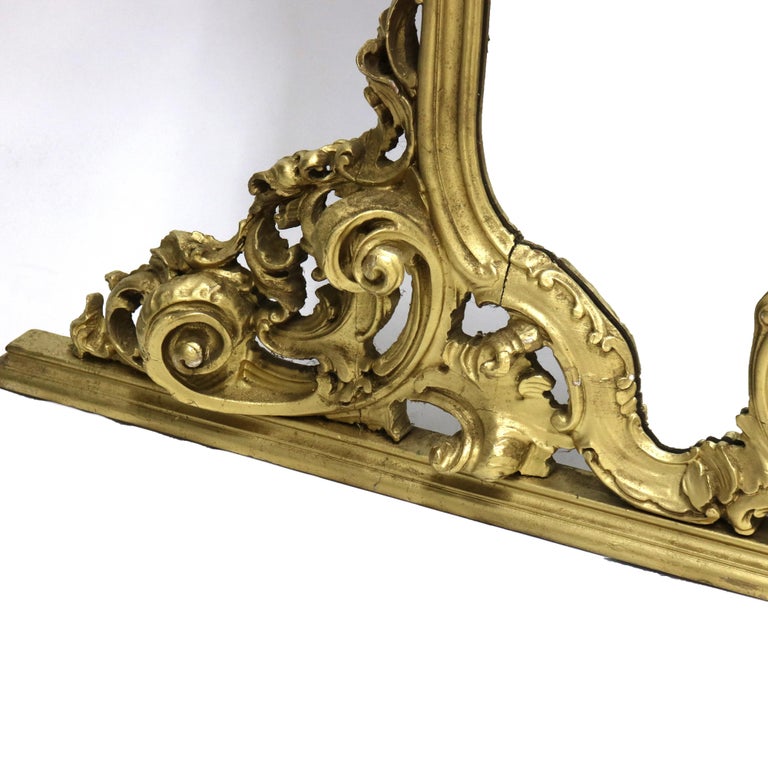 Antique French Louis XIV Giltwood Triptych Foliate Form Over Mantle Mirror 19thC