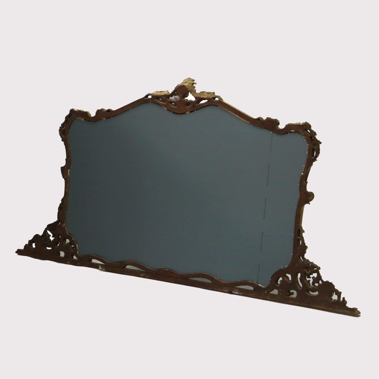 Antique French Louis XIV Giltwood Triptych Foliate Form Over Mantle Mirror 19thC
