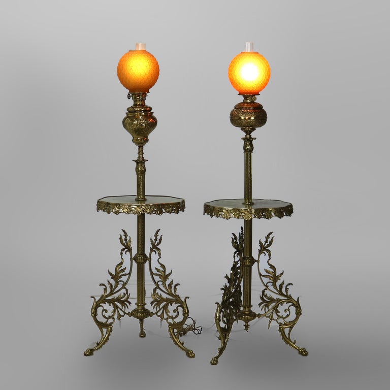 Pair Antique Victorian Gilt Bronze, Brass & Green Onyx Piano Floor Lamps, C1890
