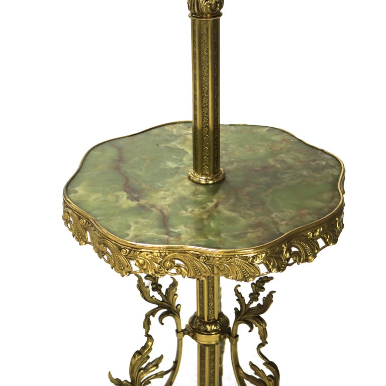 Pair Antique Victorian Gilt Bronze, Brass & Green Onyx Piano Floor Lamps, C1890