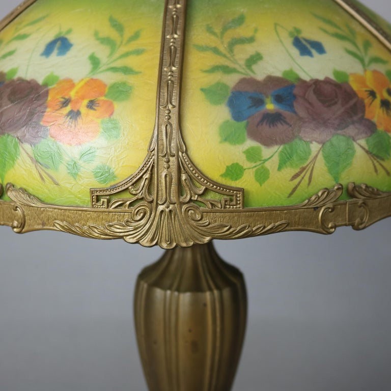 Antique Bradley & Hubbard Arts and Crafts Reverse Painted Floral Lamp Signed