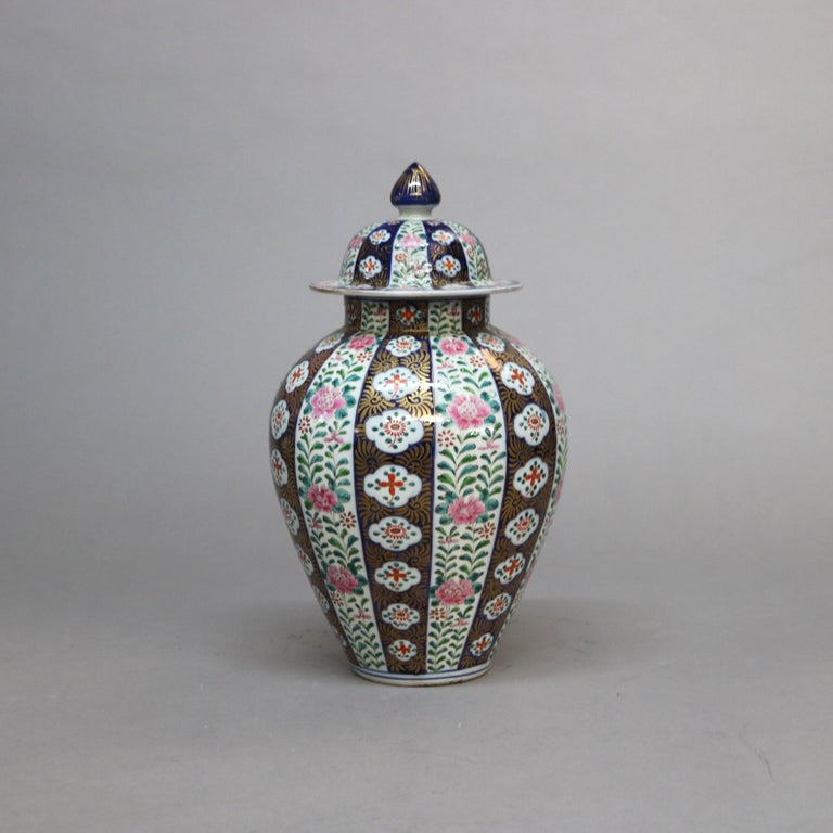 Antique Chinese Meiji Hand Painted and Gilt Porcelain Covered Urn C1930