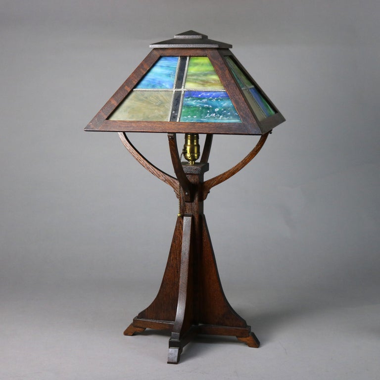 Antique Prairie School Arts and Crafts Oak Framed Slag Glass Table Lamp C1920