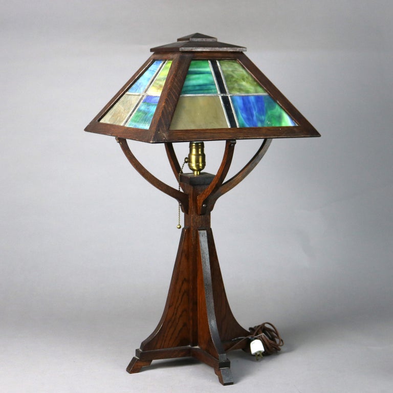 Antique Prairie School Arts and Crafts Oak Framed Slag Glass Table Lamp C1920