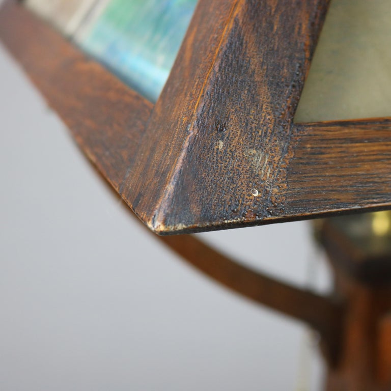 Antique Prairie School Arts and Crafts Oak Framed Slag Glass Table Lamp C1920