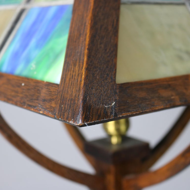 Antique Prairie School Arts and Crafts Oak Framed Slag Glass Table Lamp C1920