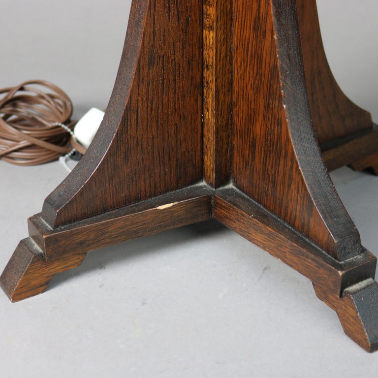 Antique Prairie School Arts and Crafts Oak Framed Slag Glass Table Lamp C1920