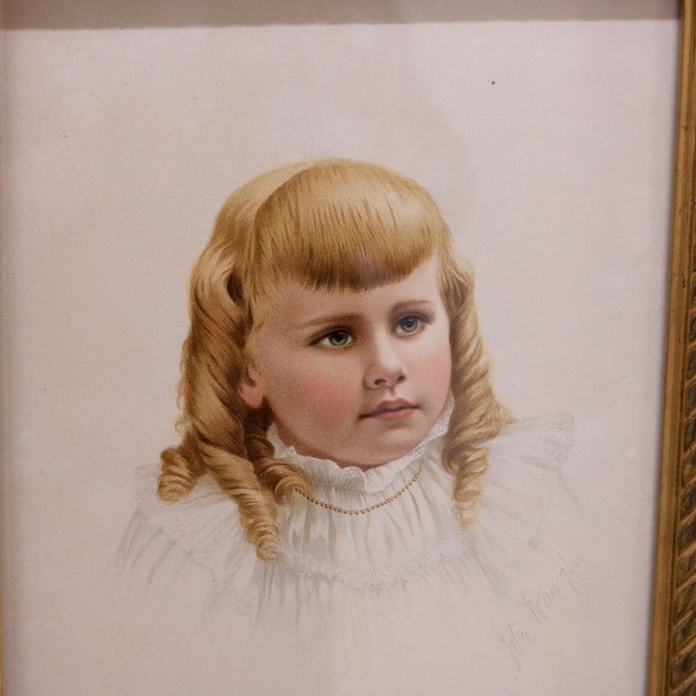 Antique Foliage Form Giltwood Frame with a Signed Portrait Print of a Girl 19thC