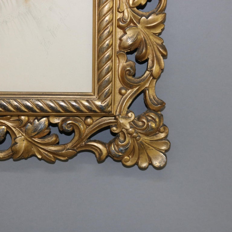 Antique Foliage Form Giltwood Frame with a Signed Portrait Print of a Girl 19thC