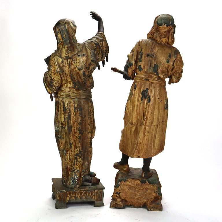Two Large Antique Persian Moorish Polychromed Metal Sculptures of Men C1890