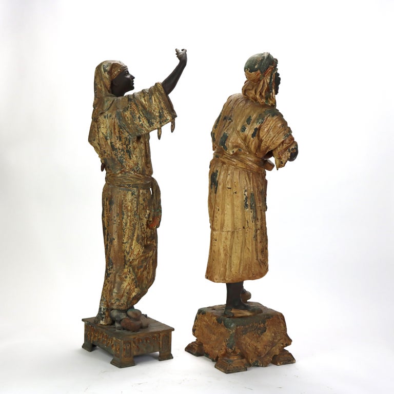 Two Large Antique Persian Moorish Polychromed Metal Sculptures of Men C1890