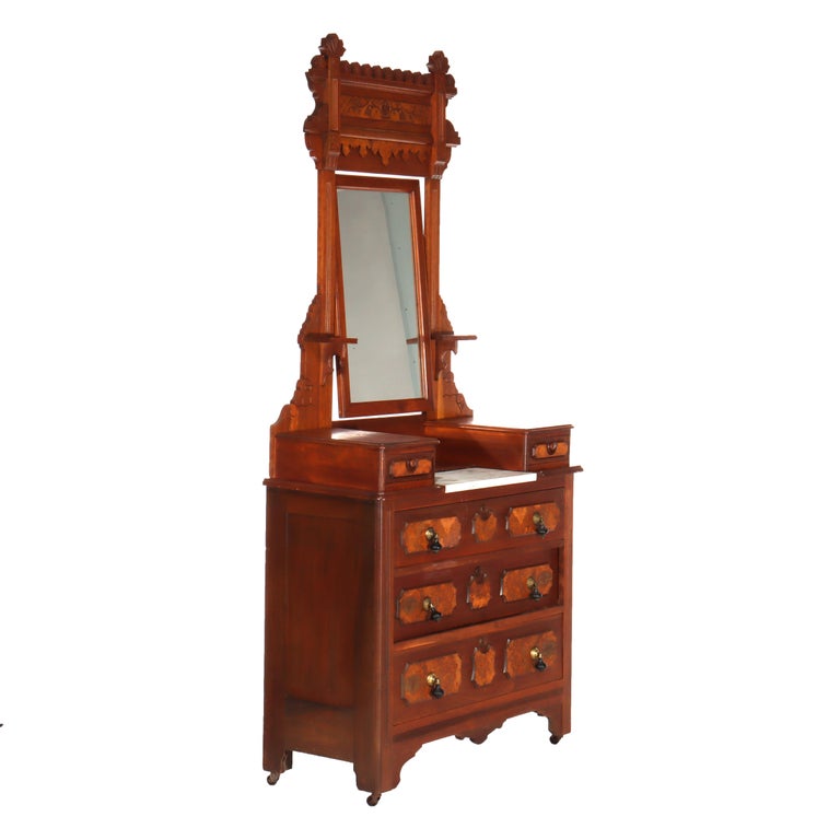 Antique Renaissance Revival Walnut & Burl Marble Top Dresser With Mirror c1890