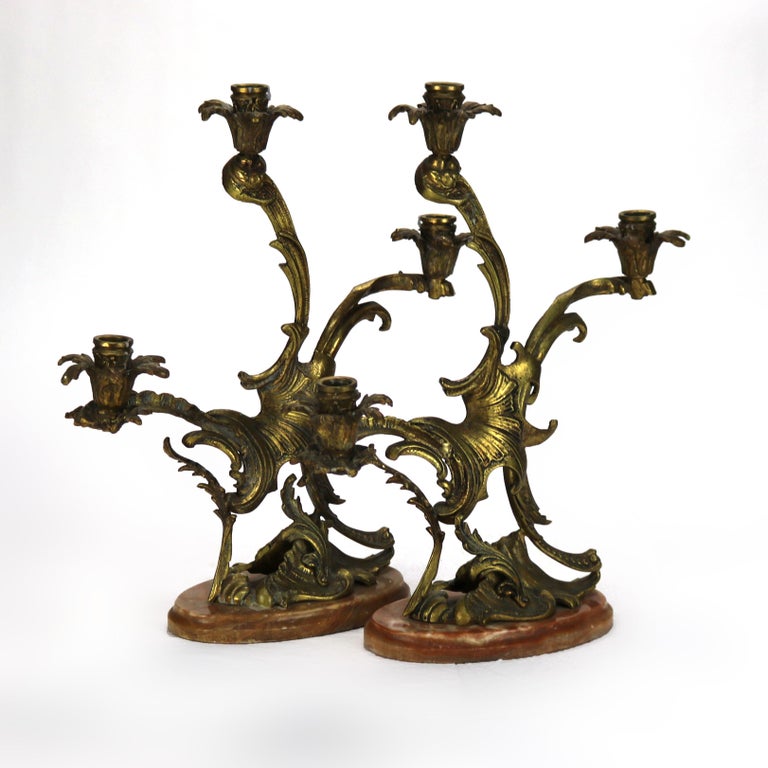Pair of Antique French Rococo Bronze Candelabras with Marble Bases C1890