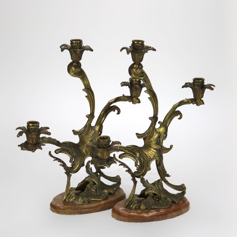 Pair of Antique French Rococo Bronze Candelabras with Marble Bases C1890