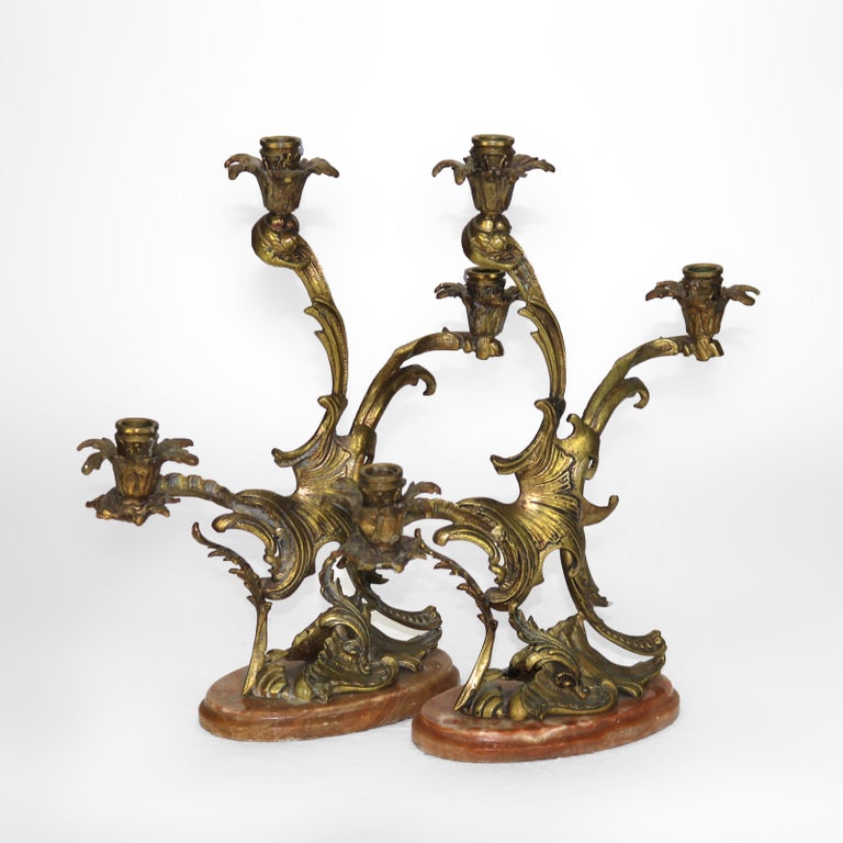 Pair of Antique French Rococo Bronze Candelabras with Marble Bases C1890