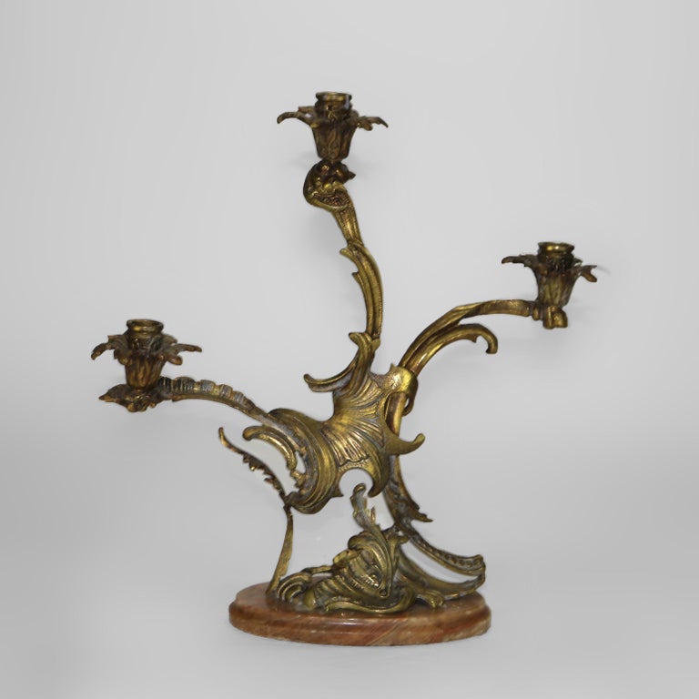 Pair of Antique French Rococo Bronze Candelabras with Marble Bases C1890
