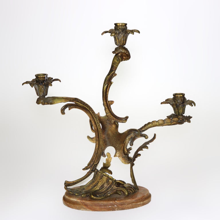 Pair of Antique French Rococo Bronze Candelabras with Marble Bases C1890
