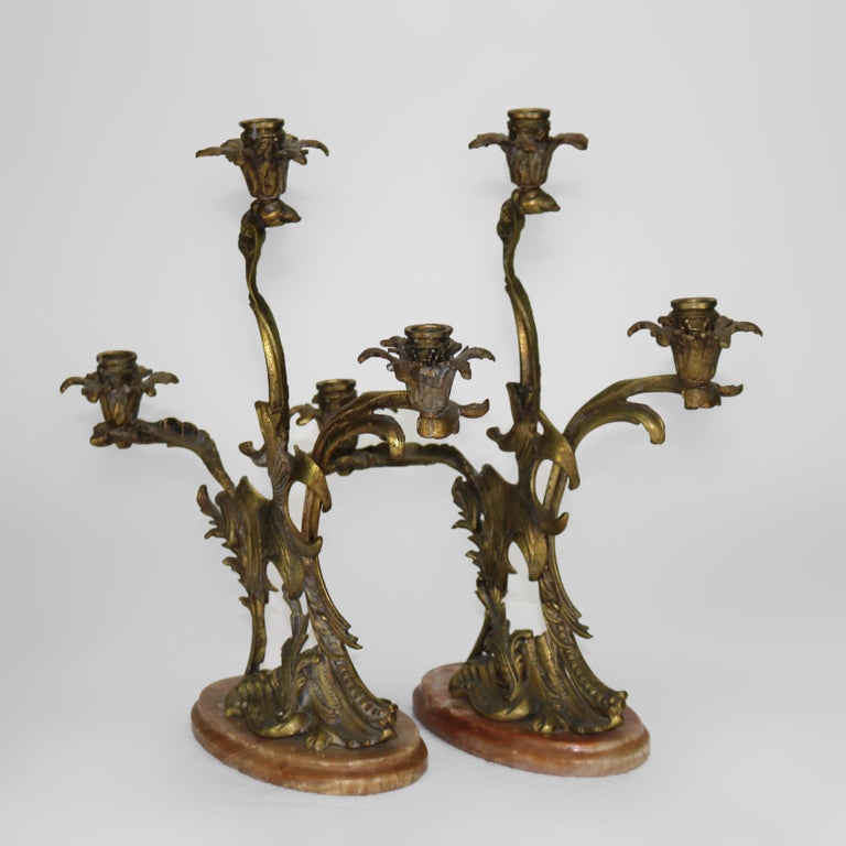 Pair of Antique French Rococo Bronze Candelabras with Marble Bases C1890