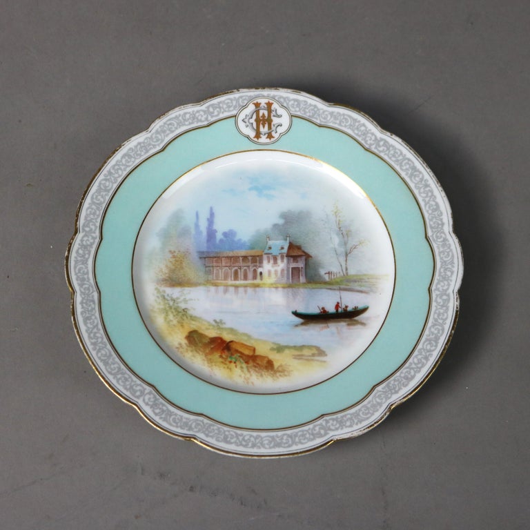 Set of Six Mansard French Hand Painted and Gilt Porcelain Plates 20thC