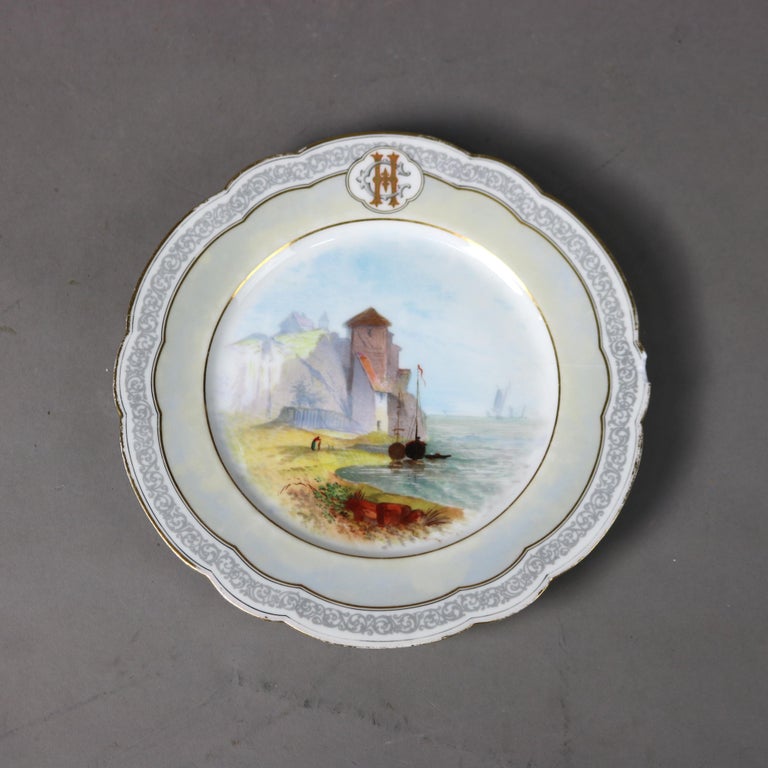 Set of Six Mansard French Hand Painted and Gilt Porcelain Plates 20thC