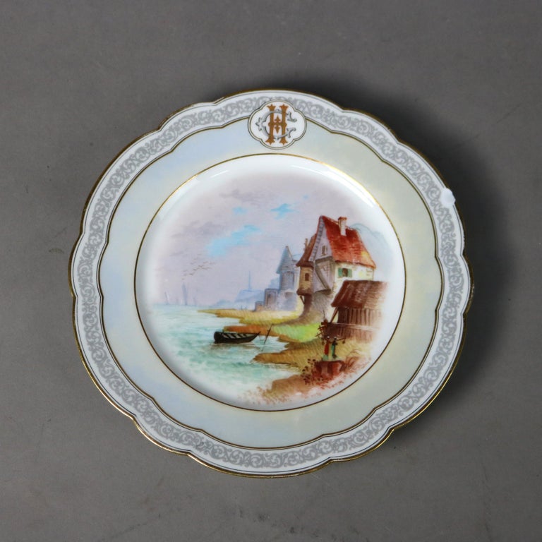 Set of Six Mansard French Hand Painted and Gilt Porcelain Plates 20thC