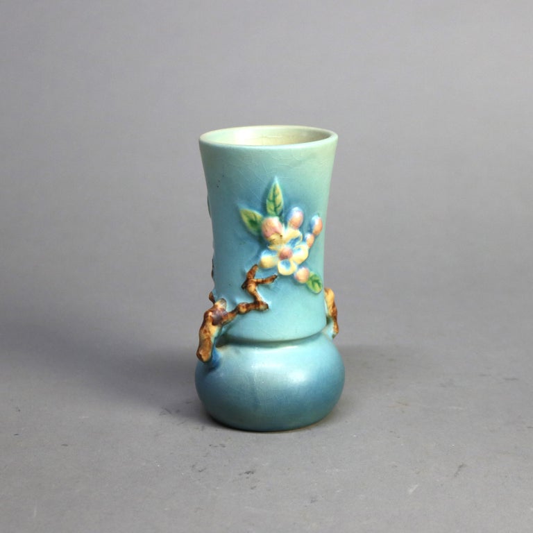 Three Pieces of Blue Roseville Art Pottery with Apple Blossom Pattern Mid 20thC