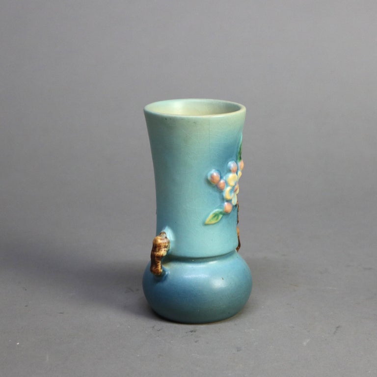 Three Pieces of Blue Roseville Art Pottery with Apple Blossom Pattern Mid 20thC