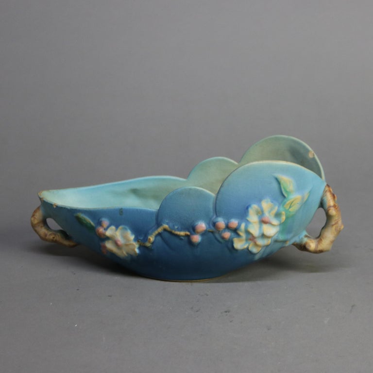 Three Pieces of Blue Roseville Art Pottery with Apple Blossom Pattern Mid 20thC