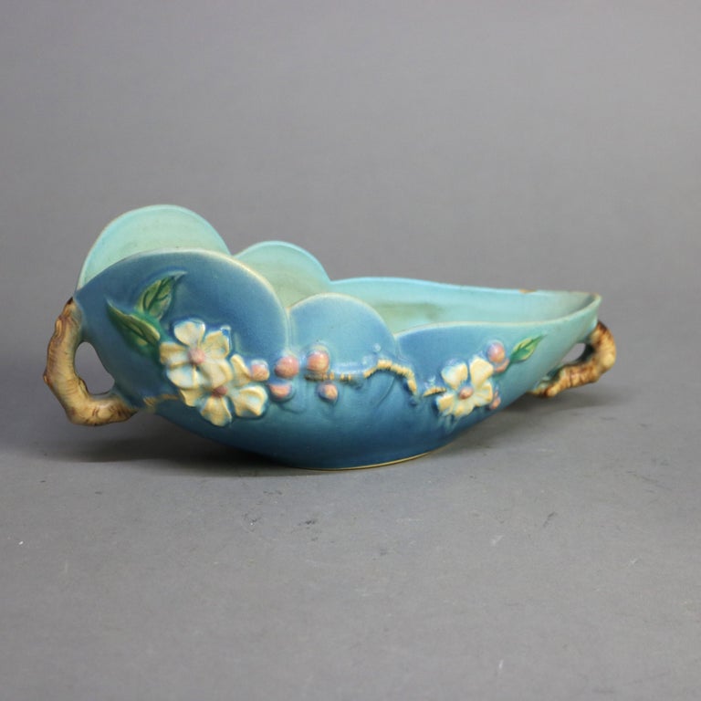Three Pieces of Blue Roseville Art Pottery with Apple Blossom Pattern Mid 20thC