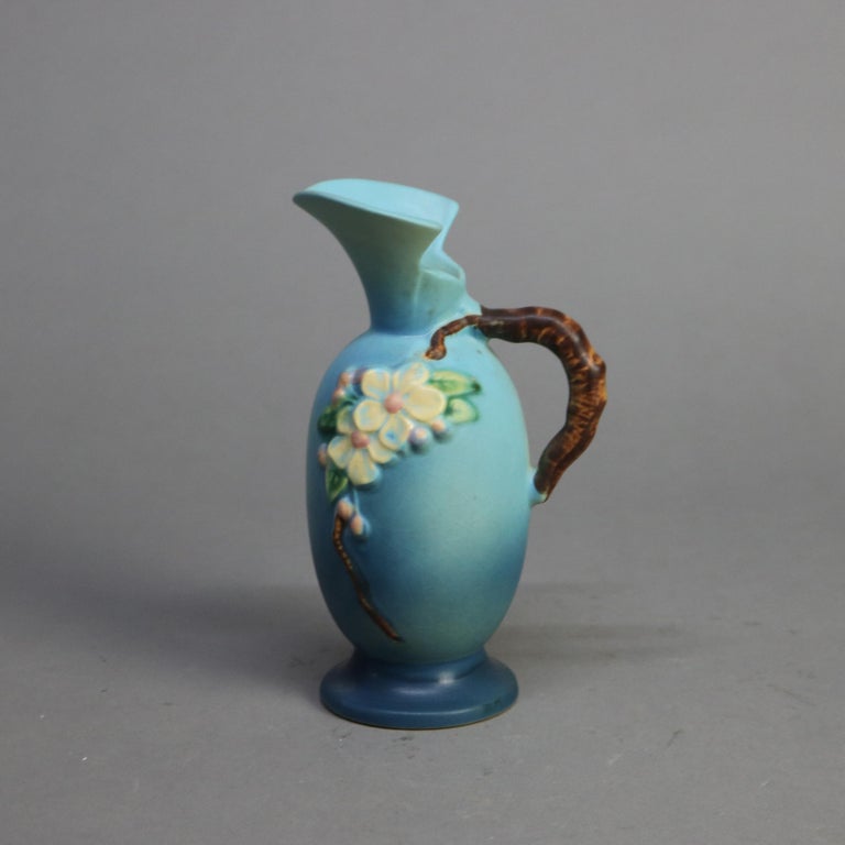Three Pieces of Blue Roseville Art Pottery with Apple Blossom Pattern Mid 20thC
