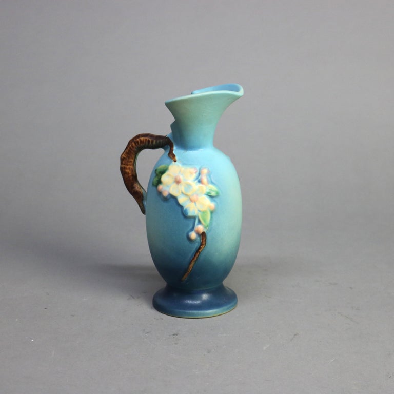 Three Pieces of Blue Roseville Art Pottery with Apple Blossom Pattern Mid 20thC