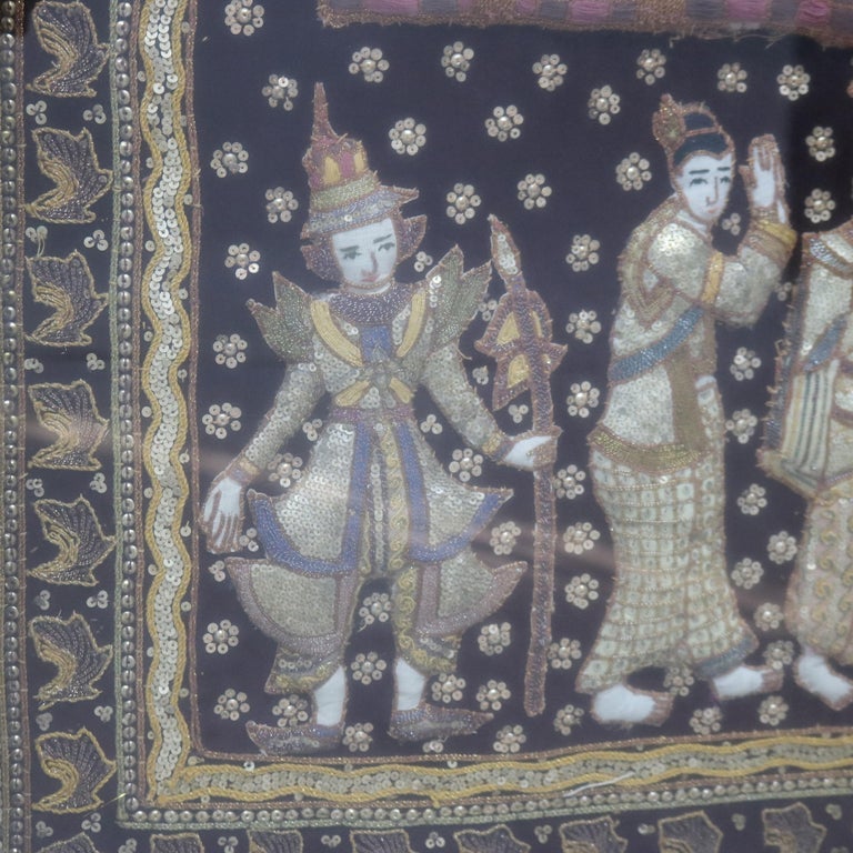 Burmese Framed Embroidered and Sequined Kalaga Tapestry of Genre Scene 20thC