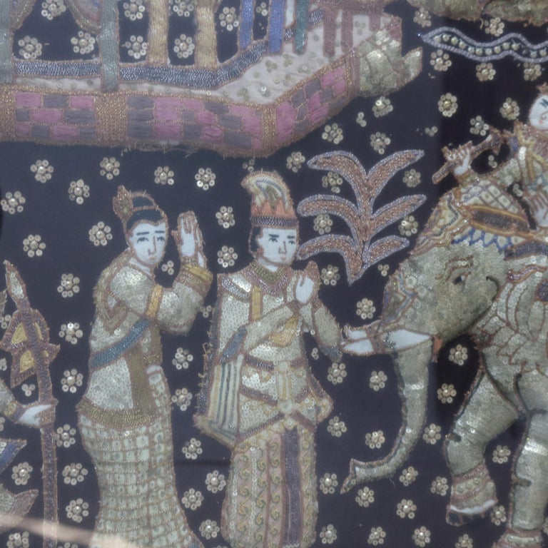 Burmese Framed Embroidered and Sequined Kalaga Tapestry of Genre Scene 20thC