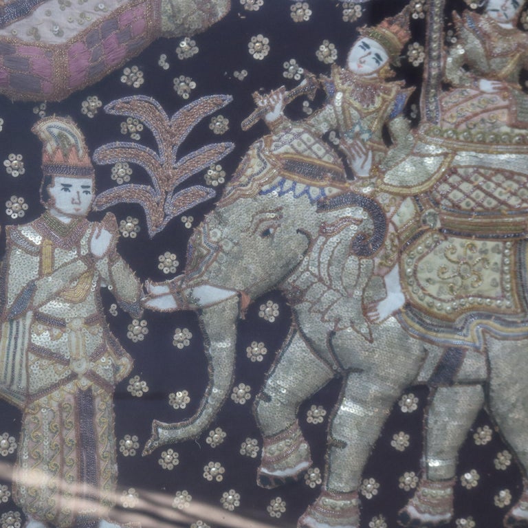 Burmese Framed Embroidered and Sequined Kalaga Tapestry of Genre Scene 20thC