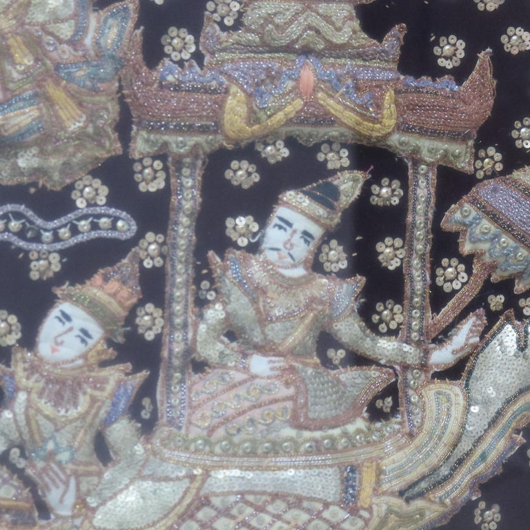 Burmese Framed Embroidered and Sequined Kalaga Tapestry of Genre Scene 20thC