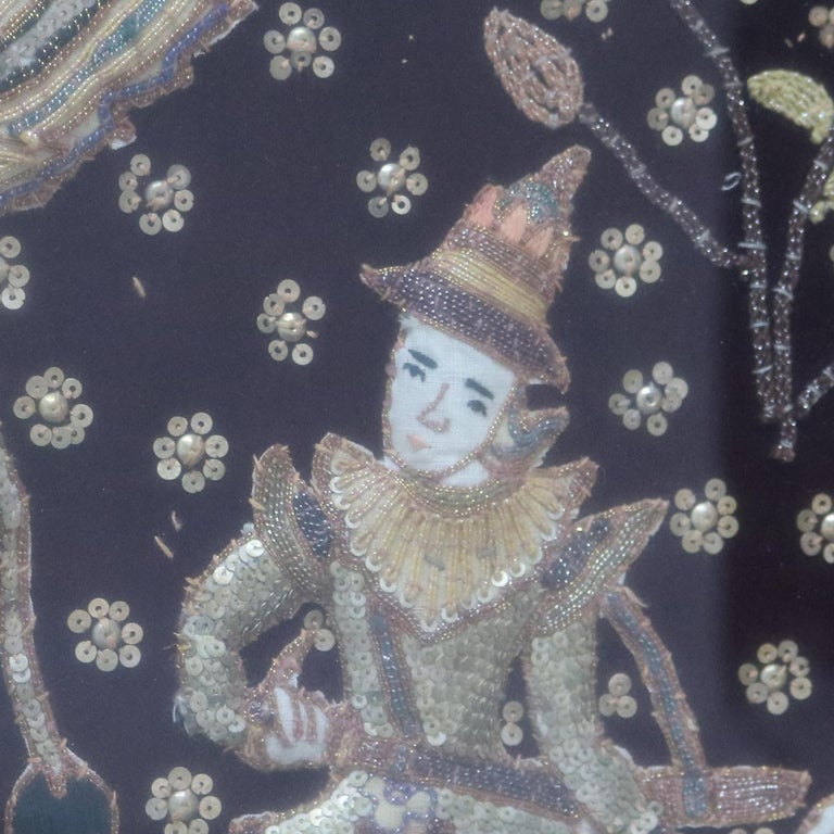 Burmese Framed Embroidered and Sequined Kalaga Tapestry of Genre Scene 20thC