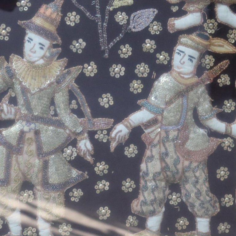 Burmese Framed Embroidered and Sequined Kalaga Tapestry of Genre Scene 20thC