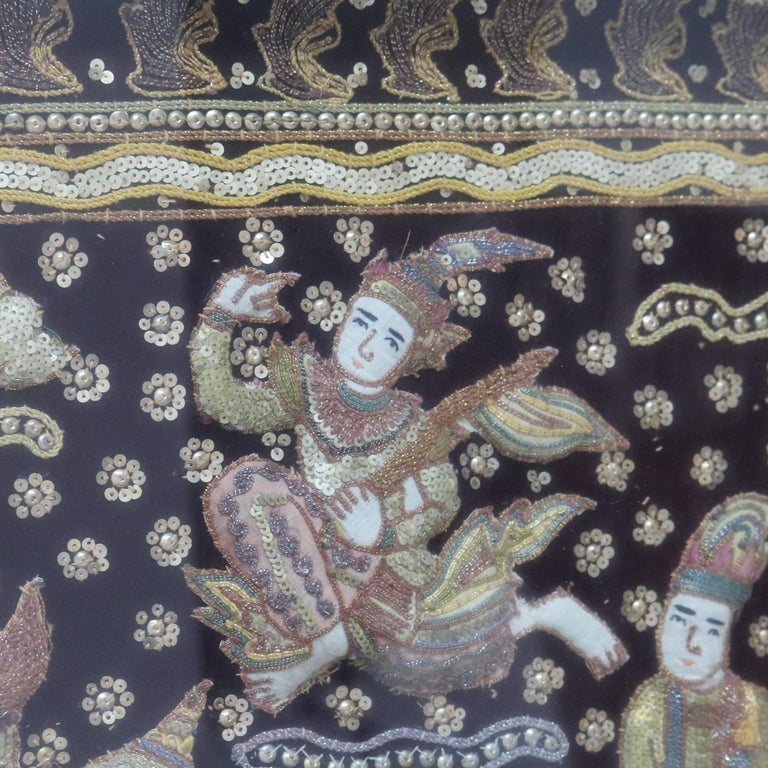 Burmese Framed Embroidered and Sequined Kalaga Tapestry of Genre Scene 20thC