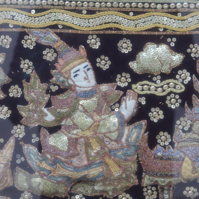 Burmese Framed Embroidered and Sequined Kalaga Tapestry of Genre Scene 20thC
