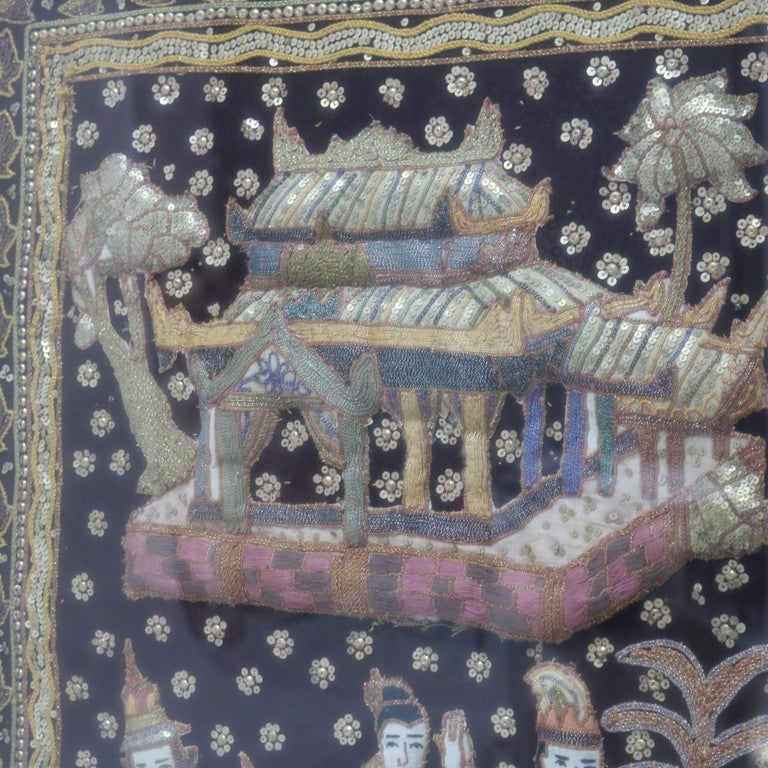 Burmese Framed Embroidered and Sequined Kalaga Tapestry of Genre Scene 20thC