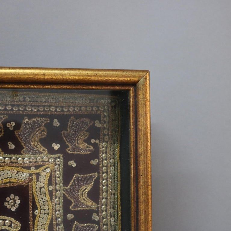 Burmese Framed Embroidered and Sequined Kalaga Tapestry of Genre Scene 20thC
