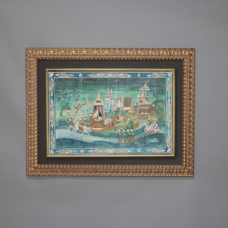 Thai Watercolor on Paper Genre Scene with Figures, Elephant & Horses 20thC