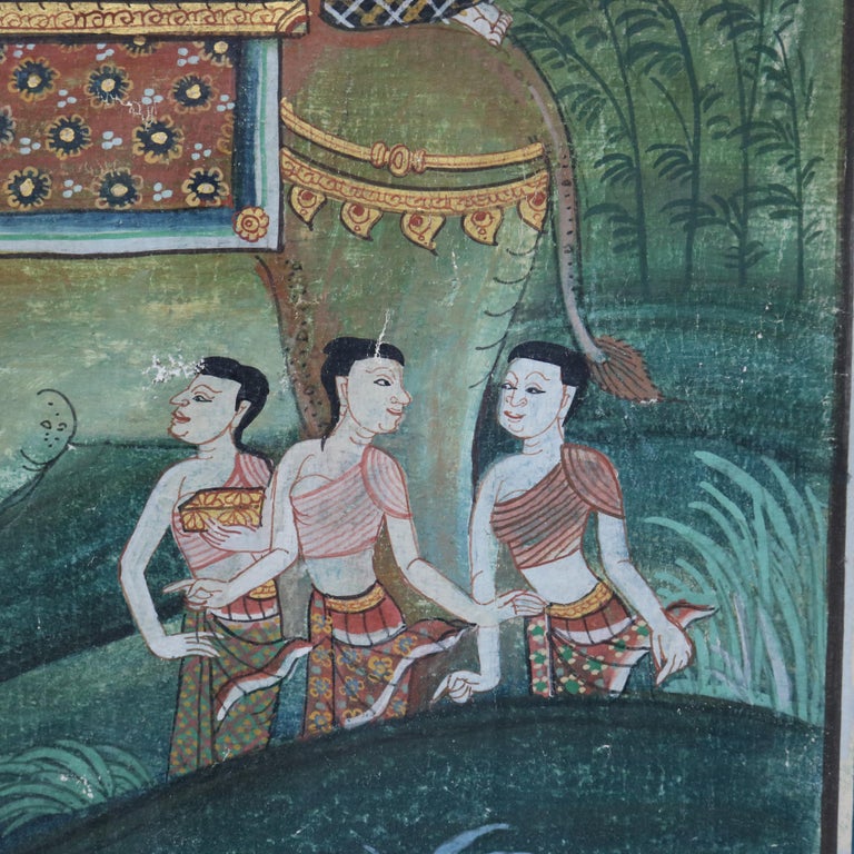Thai Watercolor on Paper Genre Scene with Figures, Elephant & Horses 20thC