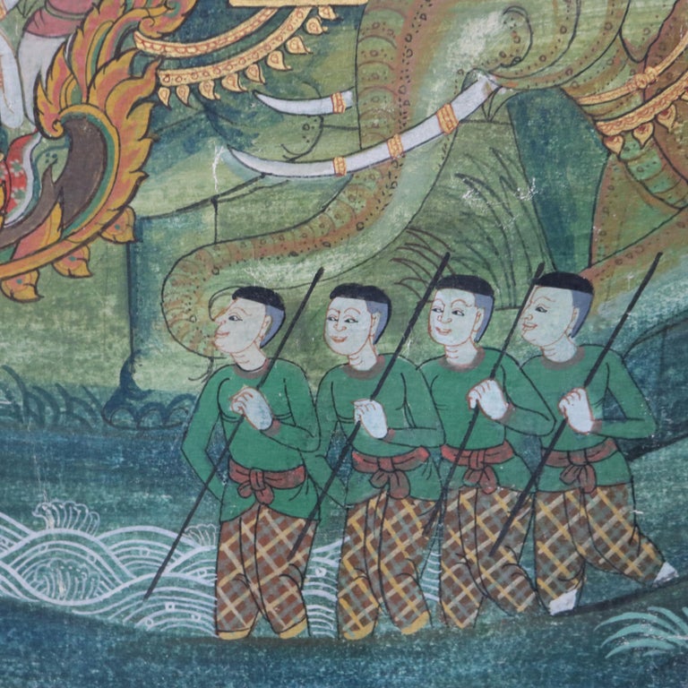 Thai Watercolor on Paper Genre Scene with Figures, Elephant & Horses 20thC
