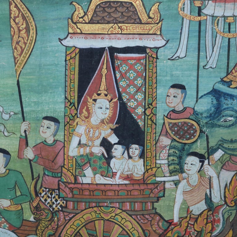 Thai Watercolor on Paper Genre Scene with Figures, Elephant & Horses 20thC