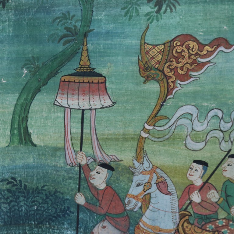Thai Watercolor on Paper Genre Scene with Figures, Elephant & Horses 20thC