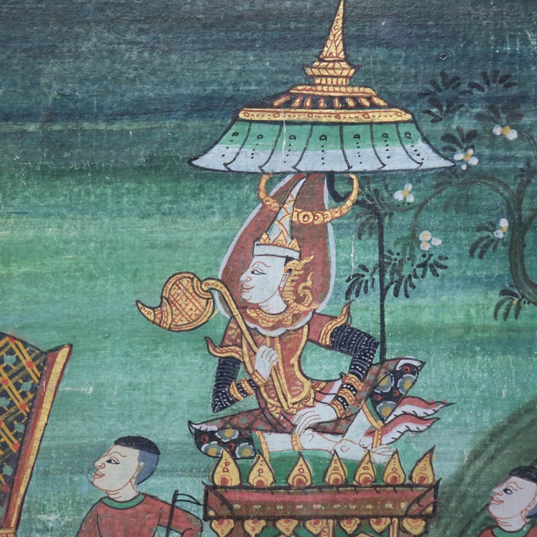 Thai Watercolor on Paper Genre Scene with Figures, Elephant & Horses 20thC