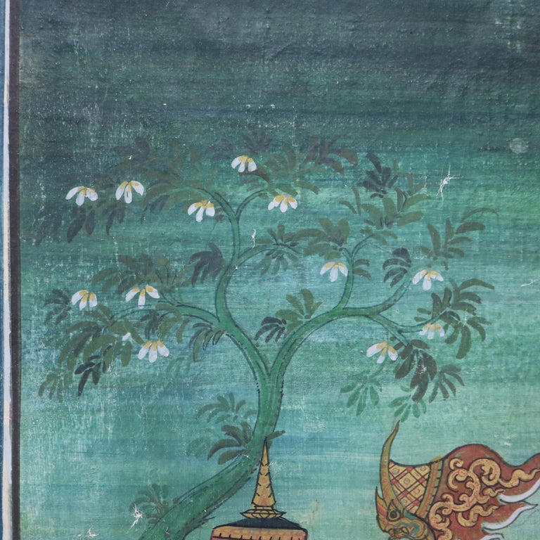 Thai Watercolor on Paper Genre Scene with Figures, Elephant & Horses 20thC