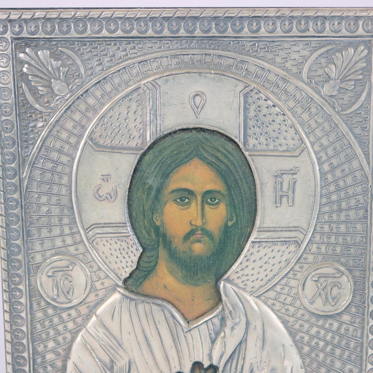 Russian Religious Icon Portrait of Jesus Encased in Sterling Silver 20thC